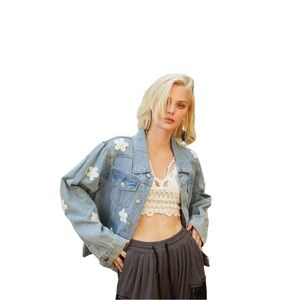 POL Oversized Denim Jacket with Pearl Flower‎ Appliqué Size M